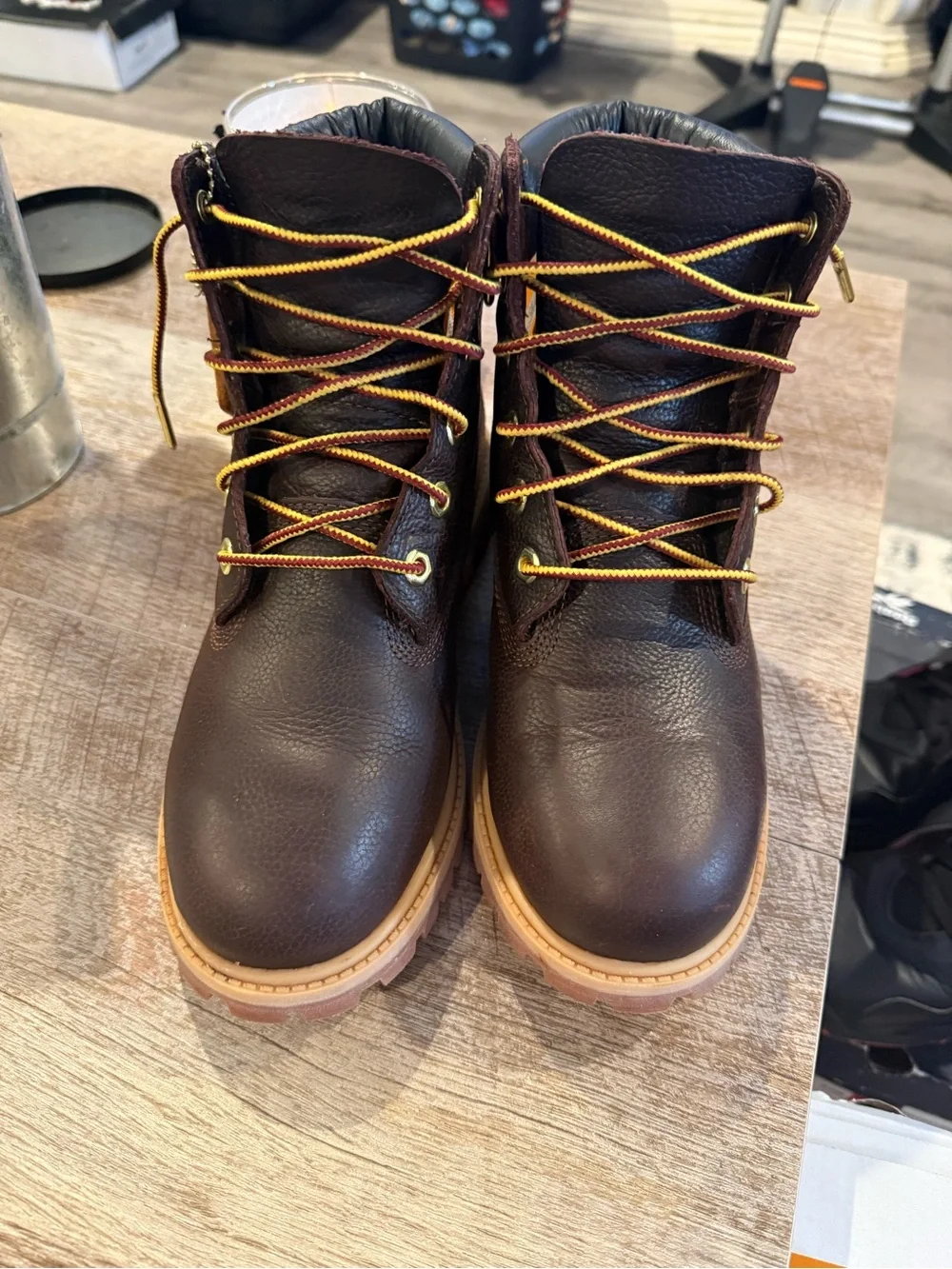 Timberland Brown Leather Men's Lace-Up Work Boots with Yellow Accent Laces